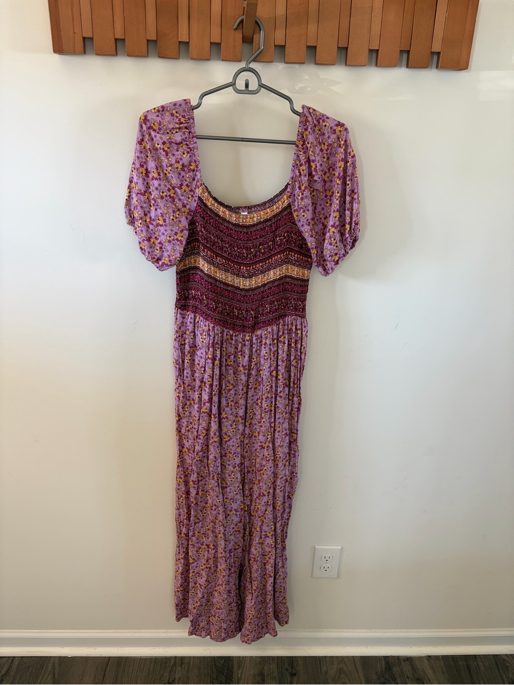 Purple Floral Smocked Jumpsuit with Puff Sleeves